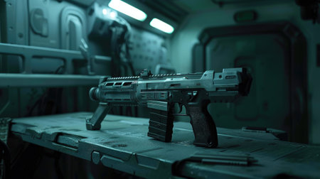 Futuristic machine gun inside spaceship, alien weapon on metal table in dark spacecraft interior on blurred background. Concept of future, space, sci-fi, cyberpunk, game, technology, military. Generative AIの素材