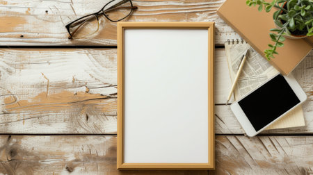 Frame mockup picture on vintage wooden table, top view, detail of room interior with white blank poster, phone and accessories. Concept of home design, mock up, wood. Generative AI.の素材