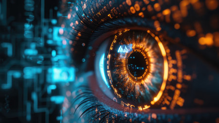 Human eye with abstract digital data, network information background for cyber security theme. Concept of ai, computer technology, future, spy, code, hack, hacker, fraud, art. Generative AI.の素材