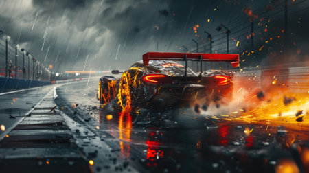 Sports car driving with fire on dark background, burning vehicle runs fast on race track at night. Flame, smoke, wreckage and sparks on road. Concept of crash, speed, accident, wreck, safety. Generative AI.の素材