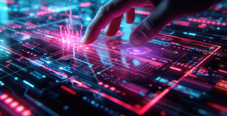 Digital screen of control panel in command center or cyber security office, hand of operator touches futuristic computer dashboard. Concept of hud, ui, tech, data, work, technology, interface. Generative AI.の素材