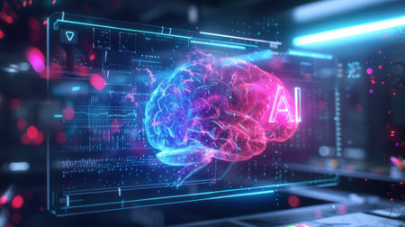 Computer dashboard of AI in dark lab or control room, futuristic interface, digital screen of artificial intelligence in the future. Concept of technology, data, hud, ui, innovation, brain, science. Generative AIの素材