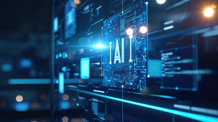 Computer dashboard of AI in dark lab or control room, futuristic interface, digital screen of artificial intelligence in the future. Concept of technology, data, hud, ui, innovation, cyber security. Generative AIの素材