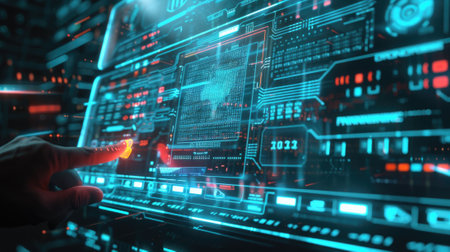 Computer screen of AI and hand of operator in dark control room, researcher uses futuristic interface, digital dashboard. Concept of technology, tech, data, future, innovation, monitor. Generative AIの素材