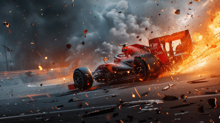 Racing car driving fast during accident, sports vehicle runs with fire and smoke on track. Flame, wreckage and sparks on road. Concept of crash, speed, wreck, safety, background. Generative AI.の素材