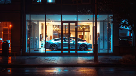Dealership at night, luxury new cars view through window, modern shiny vehicles for sale in showroom. Concept of shop, store, retail, rent, lease and office. Generative AI.の素材