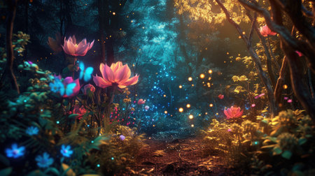 Fairy tale forest with luminous flowers, path in dark magical woods, glowing neon plants and lights in wonderland. Concept of fantasy world, nature, space, mystery, art. Generative AIの素材