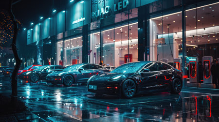 Luxury new electric cars parked at fiction dealership at night, modern shiny vehicles for sale against showroom window. Concept of street, shop, store, retail, rent, lease and office. Generative AI.の素材