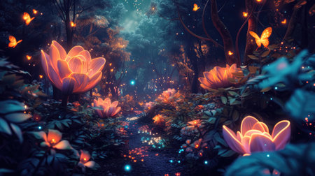 Beautiful glowing flowers in fantasy neon forest, path in dark magical woods at night, luminous plants and lights on dreamlike planet. Concept of fairy tale world, nature, wonderland, art. Generative AIの素材
