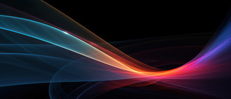 Multicolored neon wavy lines isolated on black background, digital glowing energy. Abstract pattern of colored waves of light in cyber space. Concept of tech, banner, spectrum, technology, data. Generative AIの素材