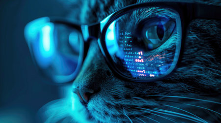 Face of cat hacker working in dark room close-up, computer code reflected in his glasses. Concept of spy, ransomware, cyber technology, hack, vulnerability, humor, scam, fraud and virus. Generative AIの素材