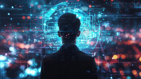 Silhouette of hacker or computer user on abstract digital data background, man against dark secure network information. Concept of ai, cyber security, technology, future, hack, art. Generative AI.の素材