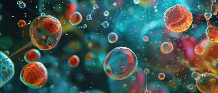 Abstract micro life background, microscopic view of cell structure, viruses and bacteria for microbiology theme. Concept of science, macro, microscope, research, biology, nature, pattern. Generative AIの素材