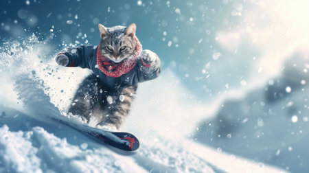 Cool cat rides snowboard on ski slope of mountain in winter, funny pet moves with spray of snow. Concept of sport, background, extreme, resort, splash, vacation and travel. Generative AIの素材