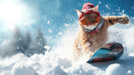 Funny cat rides snowboard on ski slope in winter, ginger pet in mask and hat on snow and sky background. Concept of sport, extreme, resort, splash, vacation, spray and travel. Generative AIの素材