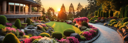 Panoramic view of beautiful landscaped home garden in summer, luxury design of house backyard or yard. Scenery of tiled path, flowers and green plants. Concept of landscaping, banner, nature. Generative AI.の素材