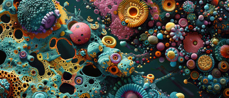 Abstract micro life background, microscopic view of cell structure, wide banner with microbiology theme. Concept of science, macro, microscope, research, biology, bacteria, nature, pattern. Generative AIの素材