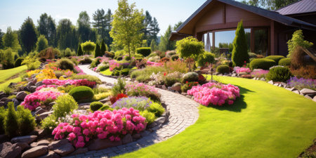 Panorama of beautiful landscaped home garden in summer, luxury design of house backyard or yard. Scenery of tiled path, flowers, terrace and green plants. Concept of landscaping, nature. Generative AI.の素材