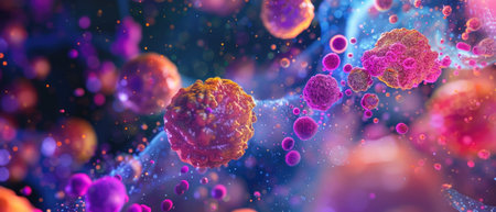 Abstract micro life background, microscopic view of cell structure, viruses and bacteria for microbiology theme. Concept of science, macro, microscope, research, biology, nature, pattern. Generative AIの素材