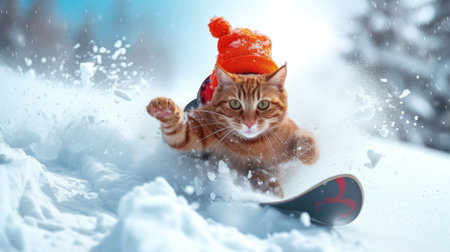 Funny cat rides snowboard with splash of snow on ski slope in winter, ginger pet in hat on spray of powder background. Concept of sport, extreme, resort, vacation and travel. Generative AIの素材