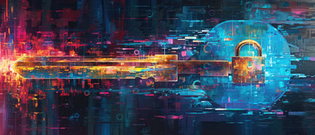 Cyber lock on abstract dark data space background, digital protection of computer information. Concept of technology, padlock, secure, privacy, network, security, art. Generative AIの素材