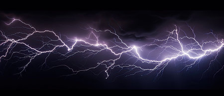 Lightning bolt in dark blue sky, electric light in storm on black background. Concept of thunderbolt, thunderstorm, strike, flash, nature, charge. Generative AIの素材