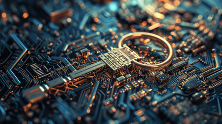 Cyber key on abstract dark data space background, digital protection of computer information. Concept of technology, lock, secure, privacy, network, security, art. Generative AIの素材