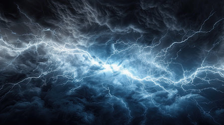 Lightning bolt in dark blue sky at night, electric flash light on dramatic stormy clouds background. Concept of thunderbolt, thunderstorm, strike, nature, charge. Generative AIの素材