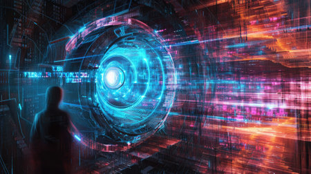 Abstract data pattern background, person looks at digital information in dark cyber space. Concept of secure, network, technology, art, security, tech, cybersecurity, texture. Generative AIの素材