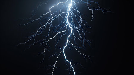 Lightning bolt in dark blue sky, electric flash light in storm on black background. Concept of thunderbolt, thunderstorm, strike, nature, charge. Generative AIの素材