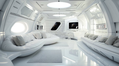 Living room in spaceship, white interior design of starship, inside futuristic spacecraft. Theme of space, scifi, technology, future, travel, sci-fi, home. Generative AIの素材