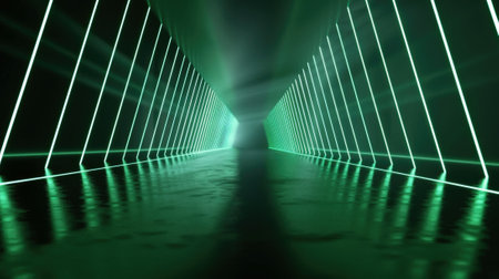 Futuristic tunnel background, perspective of dark garage with lines of green neon light, interior of abstract modern hall or warehouse. Concept of studio, room, technology, industry. Generative AIの素材