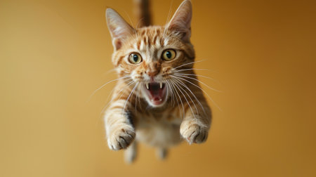 Crazy ginger cat in flight, face of jumping and screaming pet. Portrait of funny flying domestic animal on yellow studio background. Concept of humor, play, kitten, hunt. Generative AIの素材