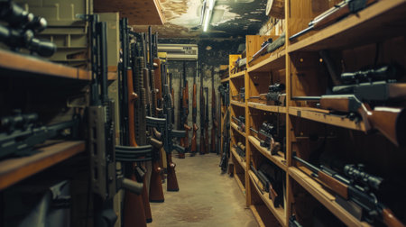 Weapon and army equipment in old storage, wooden shelves with boxes and guns in warehouse, illegal smuggle arsenal. Concept of war, store, military industry, violence, package. Generative AIの素材