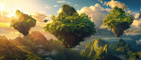 Scenery of flying tropical islands at sunset, surreal panoramic mountain landscape with land floating in sky. Concept of fantasy, fairy world, green planet, forest. Generative AIの素材
