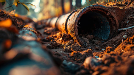 Metal pipe in trench with dirt, pipeline construction in ground, old underground water line. Concept of technology, oil, gas, work, dig and industry. Generative AIの素材