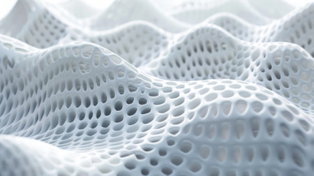White perforated futuristic structure, abstract digital waves of AI mind, data surface texture background. Concept of technology, network, cyber future, space, construction. Generative AIの素材