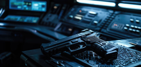 Gun on table in control room of command center, pistol in dark interior like spy action movie. Concept of weapon, detective, intelligence, secret service, agent, security. Generative AIの素材