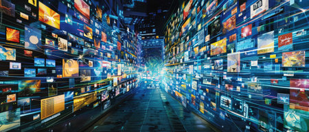 Abstract world of social media, digital screens with news and content as background. Concept of global technology, network, online, news. Generative AIの素材