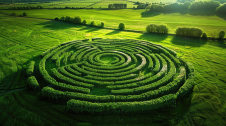 Aerial view of plant labyrinth in field in summer, abstract green bushes maze like strange garden. Concept of nature, hedge, shape, puzzle, landscape, pattern. Generative AIの素材