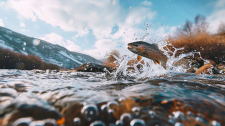 Trout jumps from water in river, view of wild fish in freshwater of mountain stream and sky. Concept of salmon, wildlife, fresh, nature and fauna. Generative AIの素材