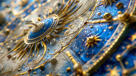 Abstract golden Zodiac signs and astrological wheel, pattern of stars and planet background. Theme of astrology, horoscope, mystery, space, fantasy, secret. Generative AIの素材