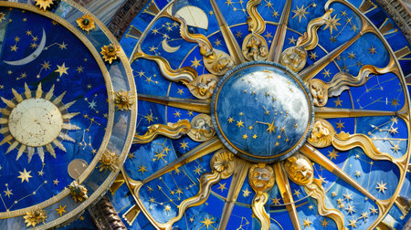 Pattern with golden Zodiac signs and astrological wheel, abstract stars and planet background. Theme of astrology, horoscope, mystery, space, fantasy, secret. Generative AIの素材