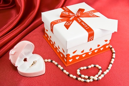 Present, jevelry and box with a ring.の写真素材