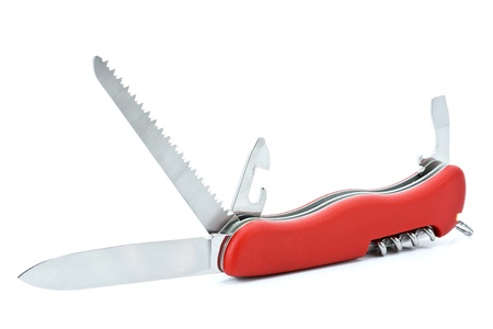 Red multifunctional knife on the white background.