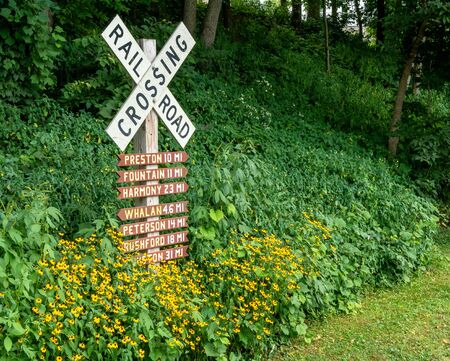 Railway crossing sign located at the bottom of a hill with black eyed susan flowers surrounding it and directional signs under it.の写真素材