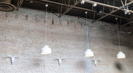 BEMIDJI, MN - 10 JAN 2020: Interior design of painted brick wall with white lights and deer skulls and antlers in local restaurant.のeditorial素材