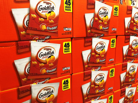 BAXTER, MN - 8 DEC 2019: Store display of boxes of Goldfish baked snack crackers. Pepperidge Farm is...