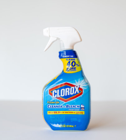 BEMIDJI, MN - 17 NOV 2020: A plastic spray bottle of Clorox Disinfecting Bathroom Cleaner with Bleach, isolated on gray with copy space. Popular during COVID-19 pandemic for killing viruses.のeditorial素材