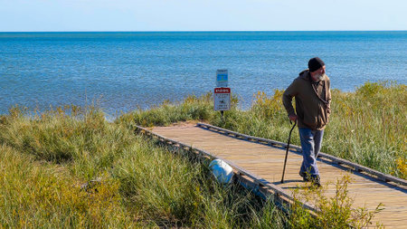 SUPERIOR, WI - 5 OCT 2020: Senior man with beard and cane strolls on a boardwalk at the shore of Lake Superior on a sunny autumn day as a white dog explores nearby.のeditorial素材
